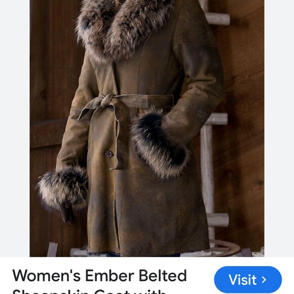 Overland Ember Sheepskin belted jacket with raccoon fur trim - Picture 3 of 11
